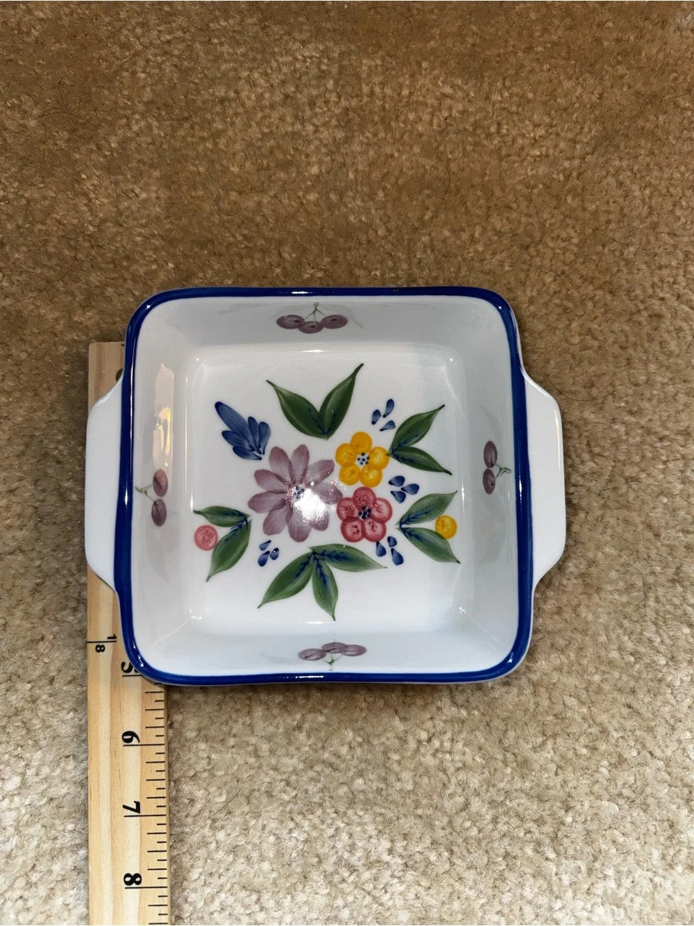 Hand-Painted Floral Ceramic Baking Dish with Blue Rim
